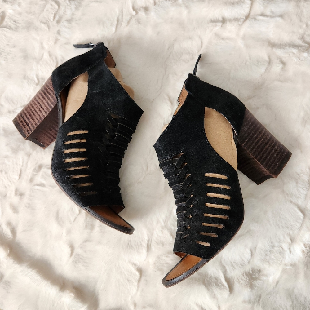 Franco Sarto Black Janice Peep-Toe Bootie Sandal, Size 7.5